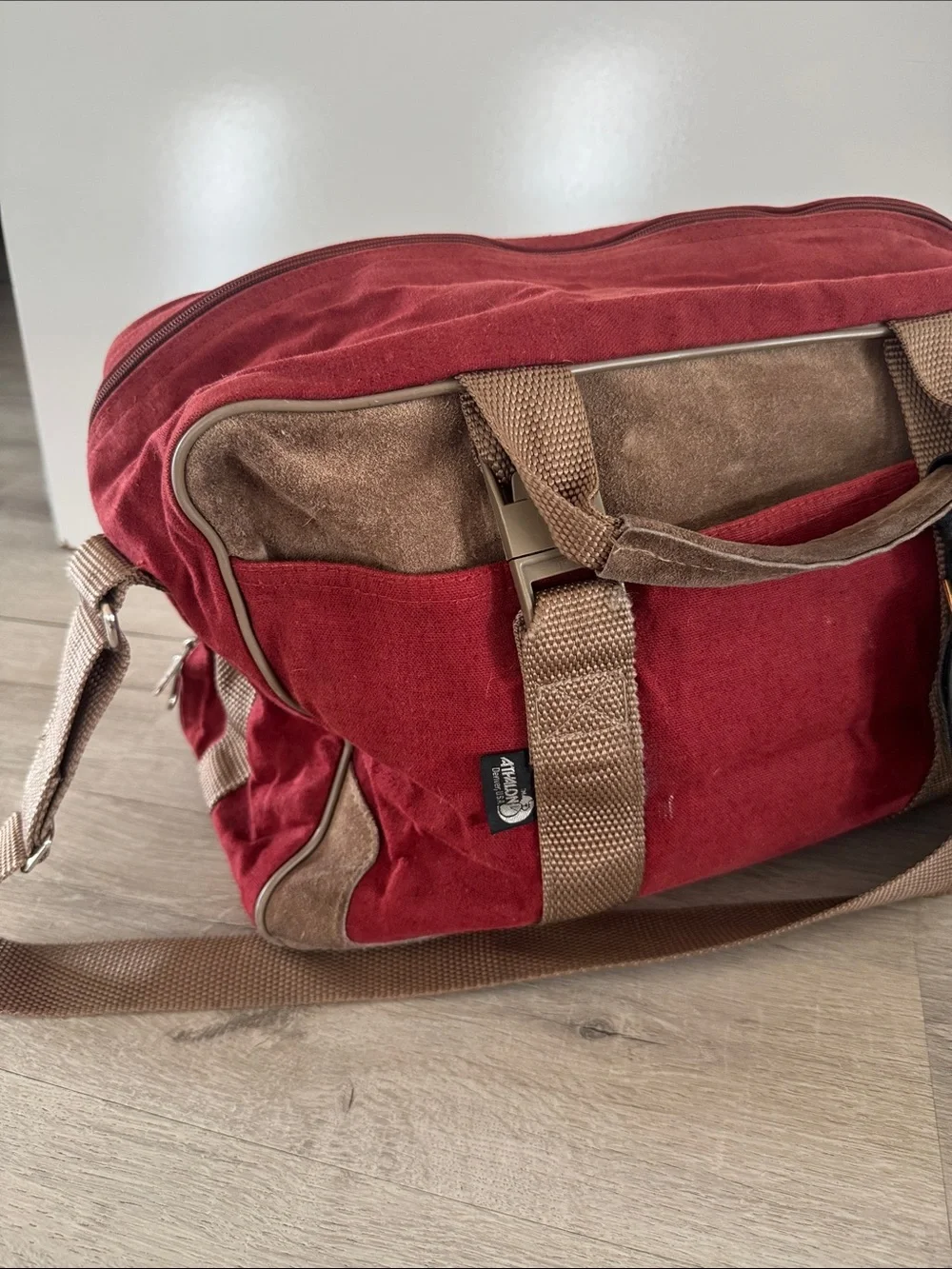 Vintage Athalon Denver USA Red Canvas Bag Tan Leather Suede Trim Duffle Travel